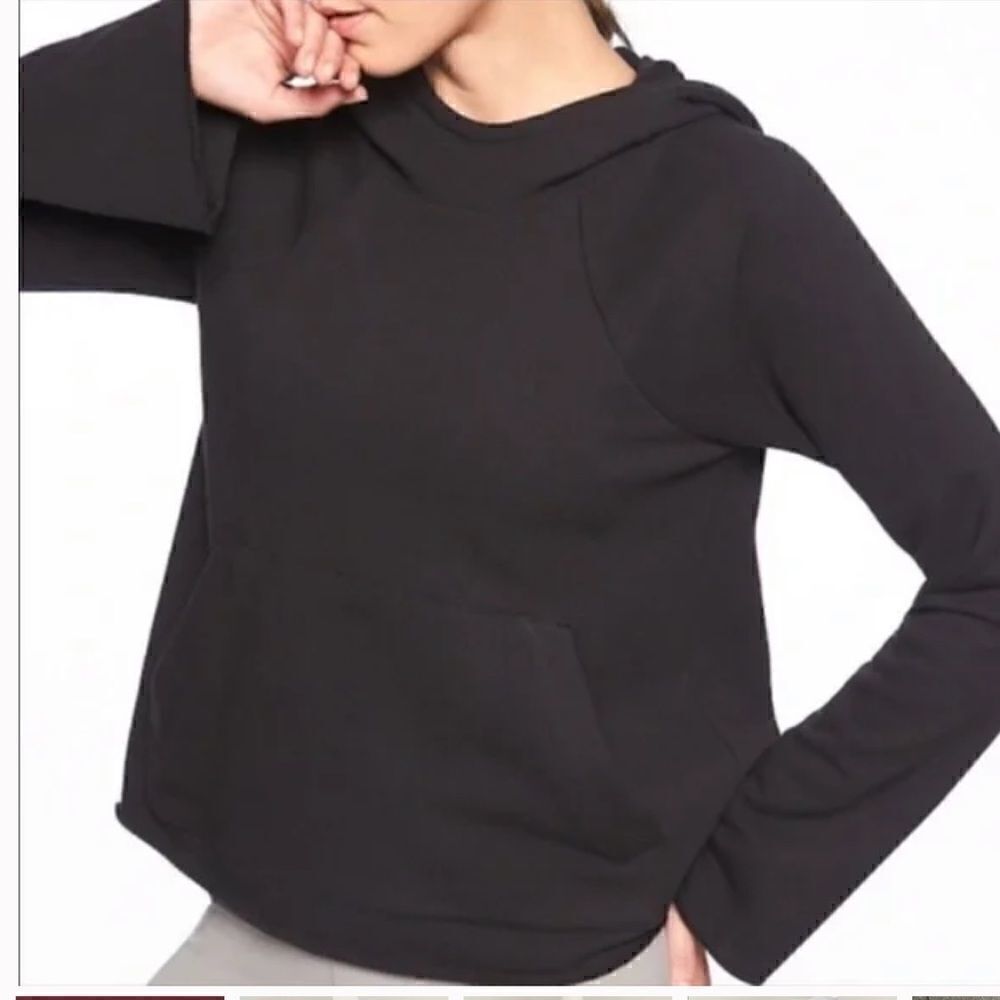 Athleta | Black French Terry Raw Hem Pullover Hoodie Pocket Sweatshirt | M